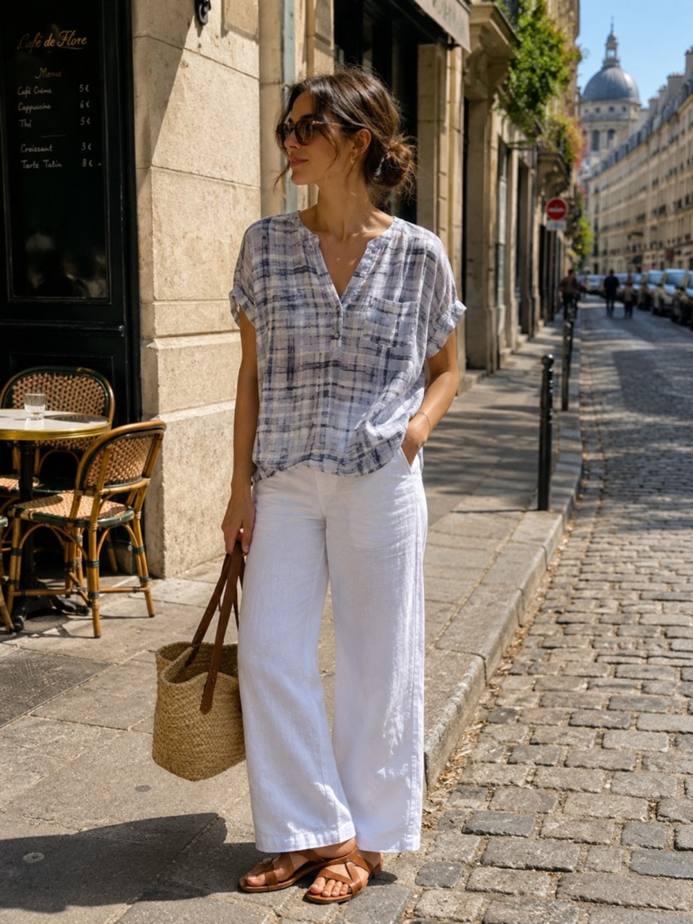 Rose & Olive Shades of  Blue & White Plaid V-Neck Top Blouse
